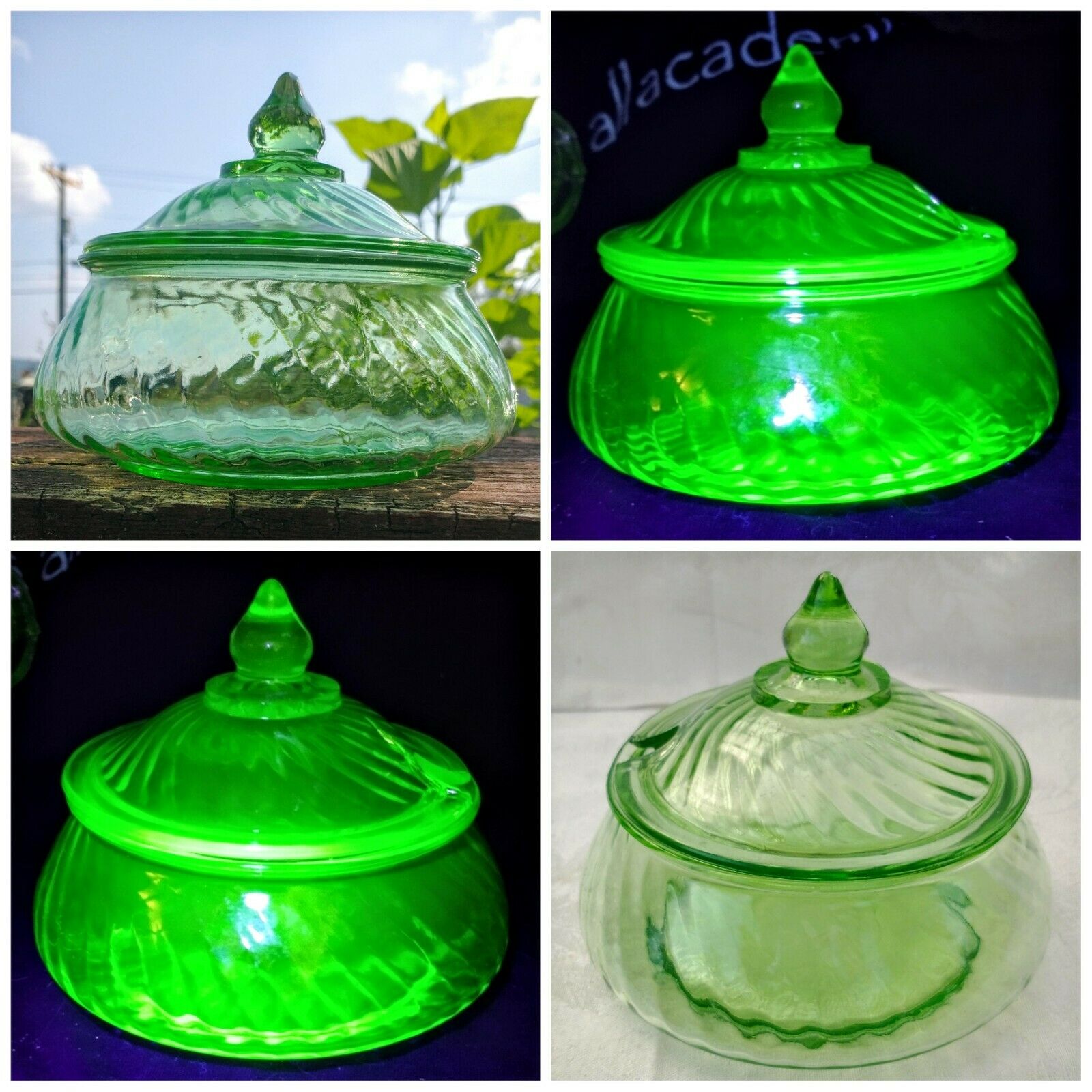 1 Antique Imperial Ohio Usa Twisted Optic Green Vaseline Glass Lidded Candy Dish
