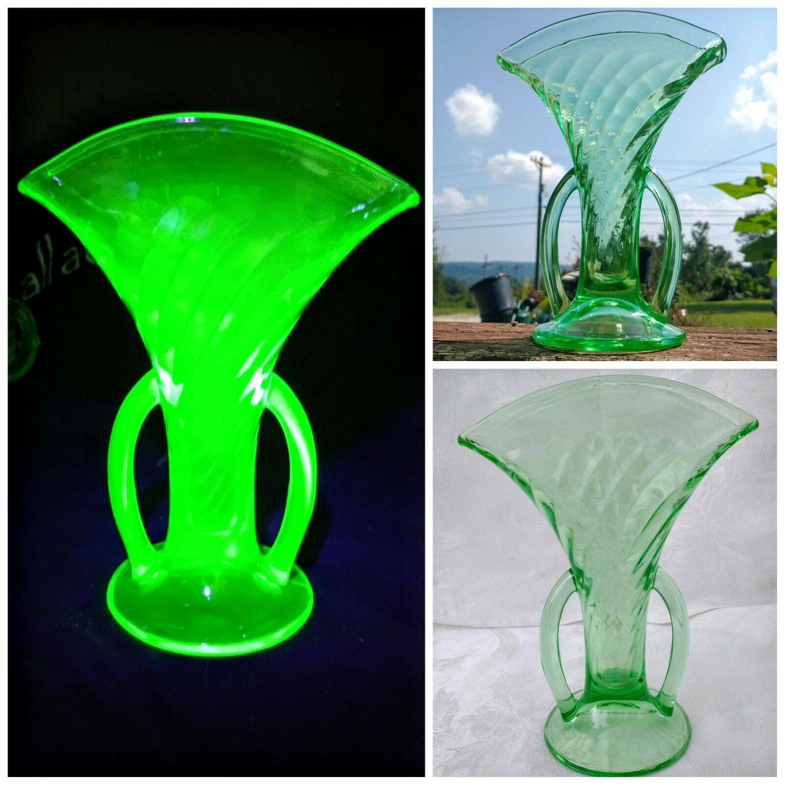 1 Antique Imperial Glass Ohio Twisted Optic Green Vaseline Glass Fan Vase 8" Usa