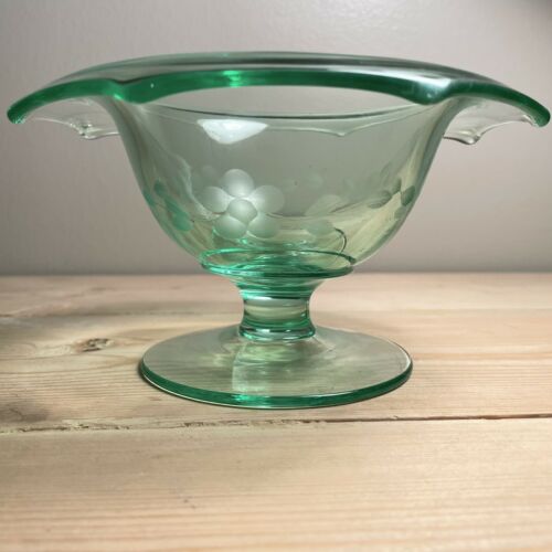 Beautiful Vintage Uranium Glass Footed Compote Console Bowl, Floral Etched Euc!