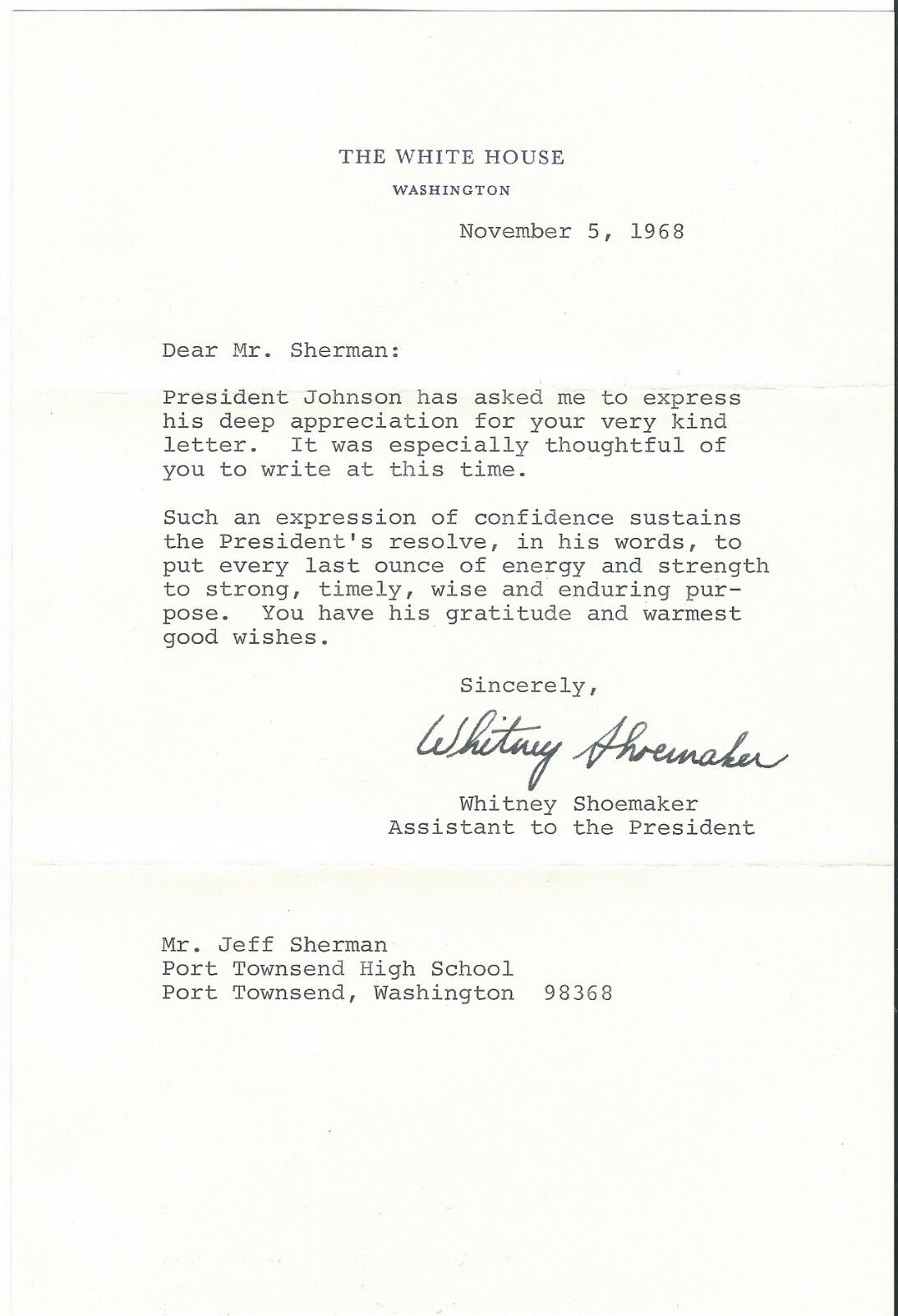 1968 Signed Letter From Personal Secretary Of President Johnson - Mint!!!