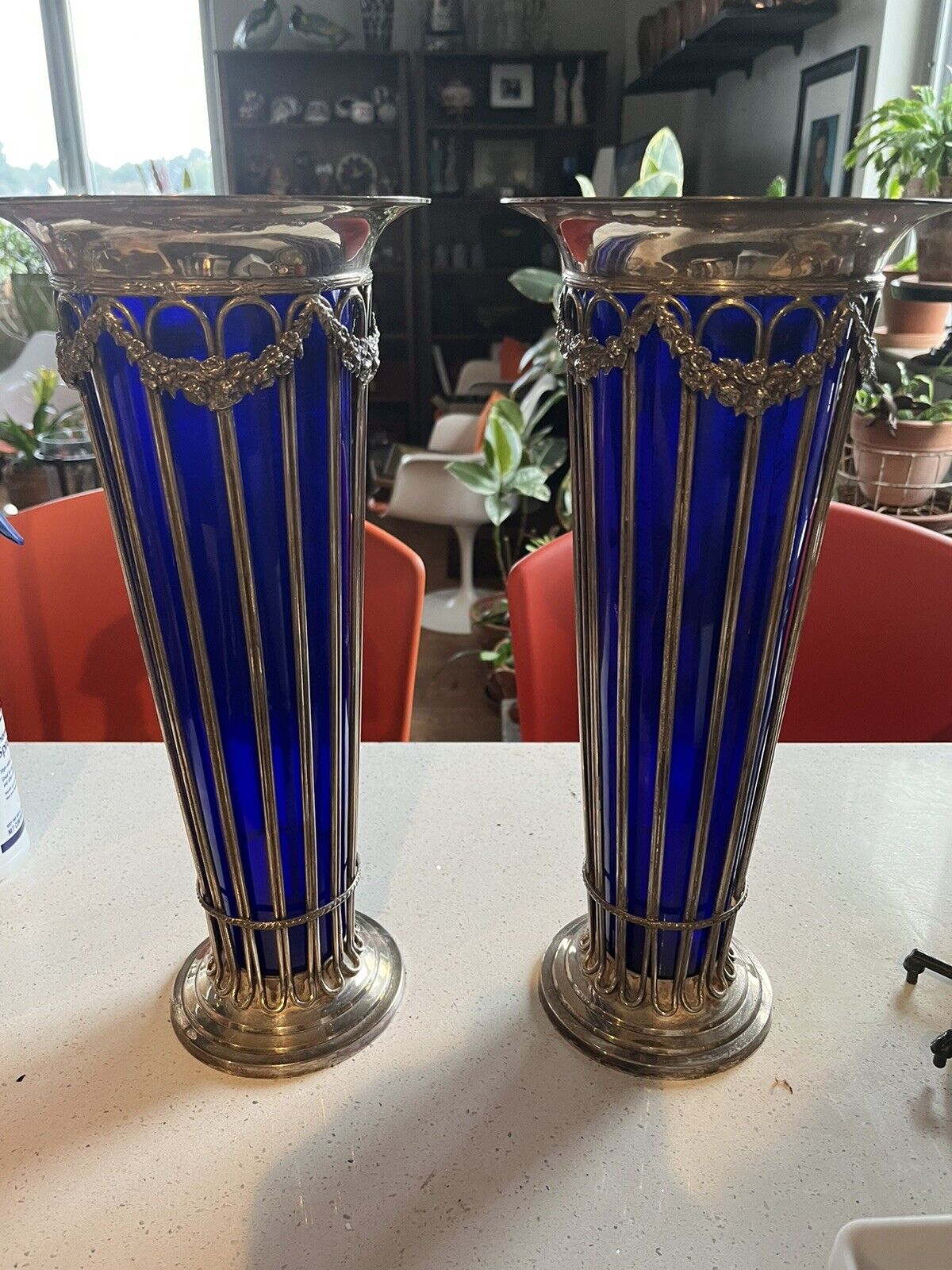 Antique/vintage Sheffield Silver & Cobalt Blue Glass Liner Vases. (set Of 2)