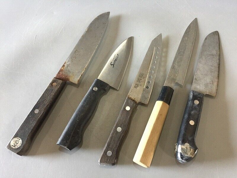 D0070 Japanese Kitchen Knife Hocho Set Vintage 5pc Handle Blade Signed Santoku