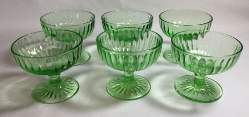 6 Vintage Uranium Vaseline Glass Dessert Dishes Sherbet Green