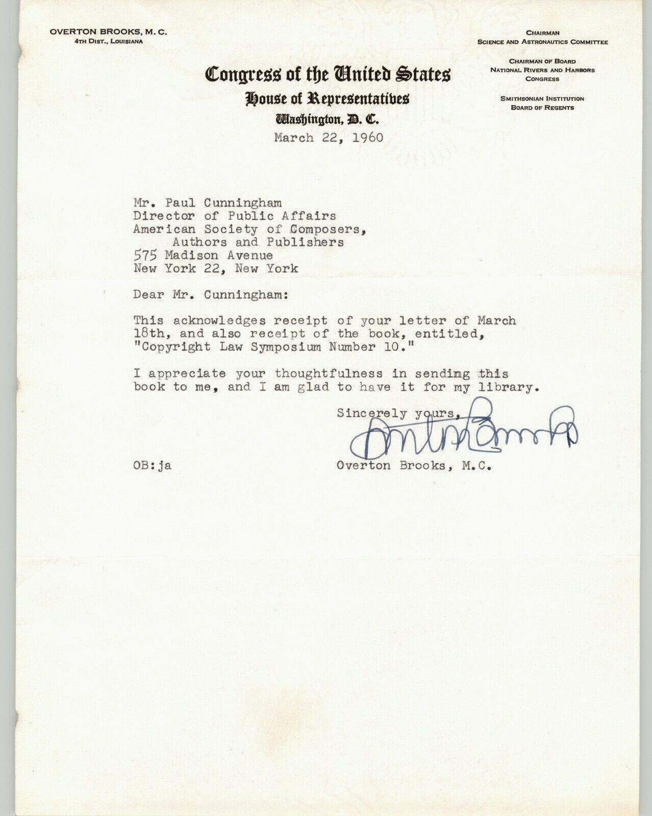 Overton Brooks Mc La Signed Paul Cunningham Letter House Rep Congress Ascap 1960
