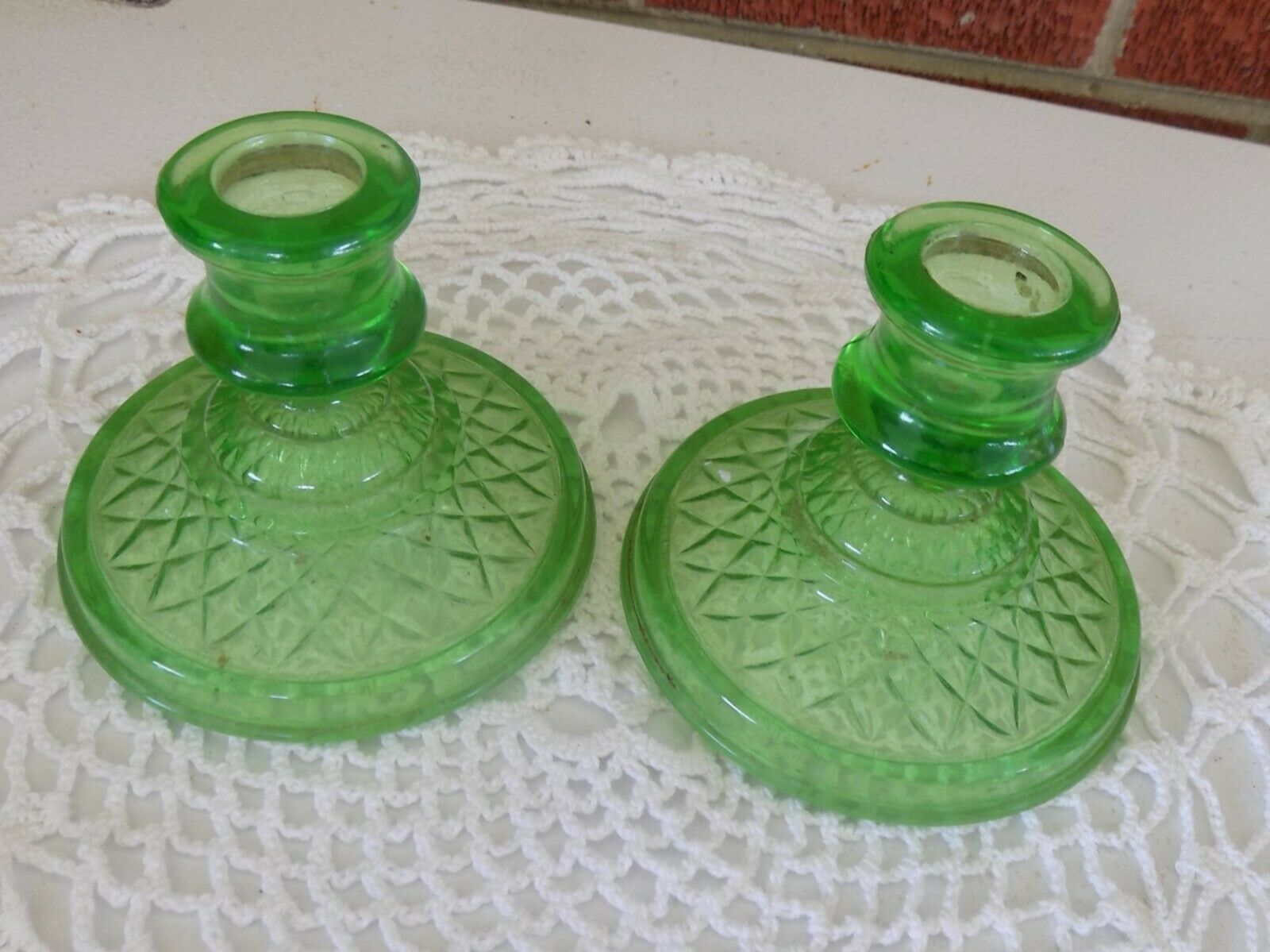 Vintage Imperial? Vaseline Glass? Green Candlesticks  Diamond Patterns 4" X 4.5"