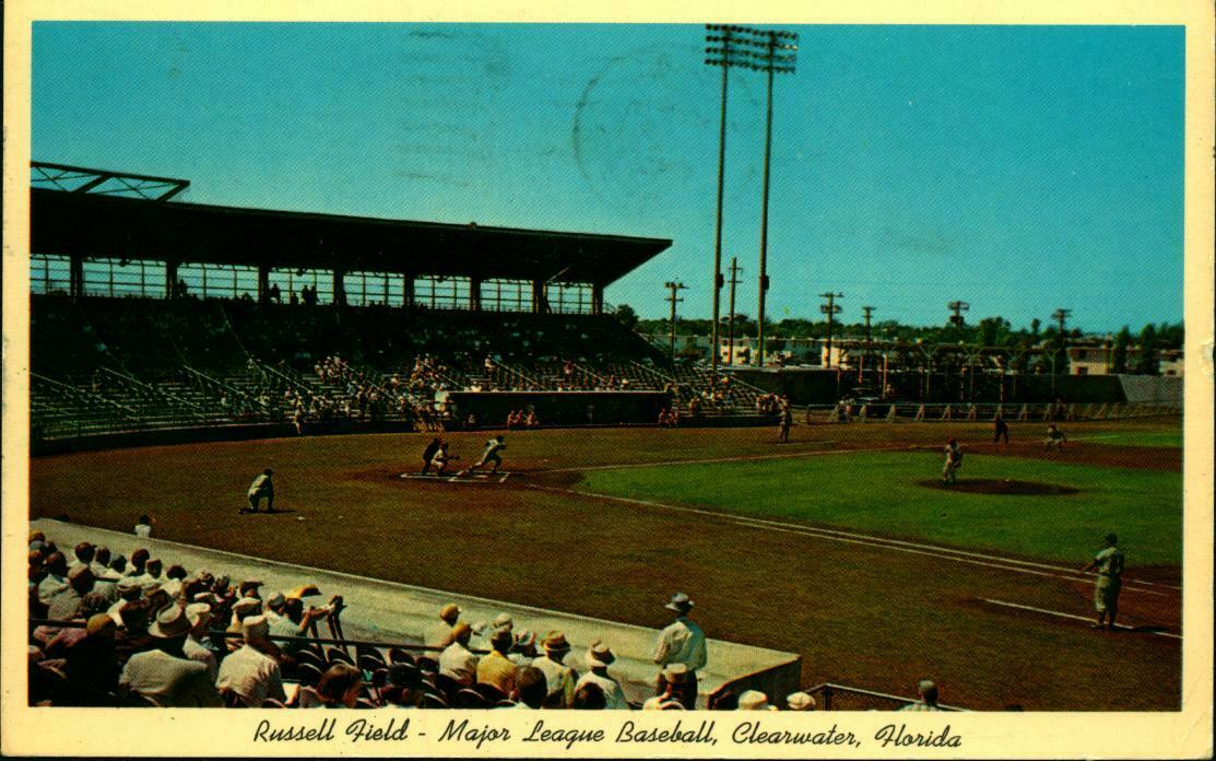 1966 Baseball Stadium Postcard Russell Field Phillies Game Clearwater Florida