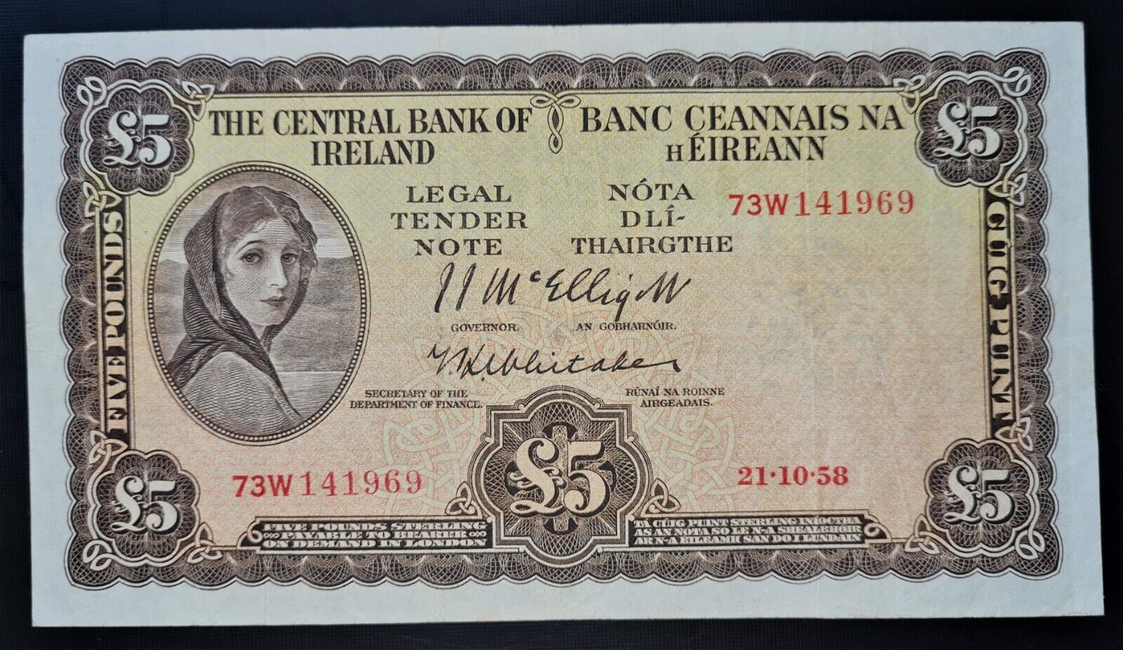 The Central Bank Of  Ireland 1958  £5 Lady Lavery Banknote