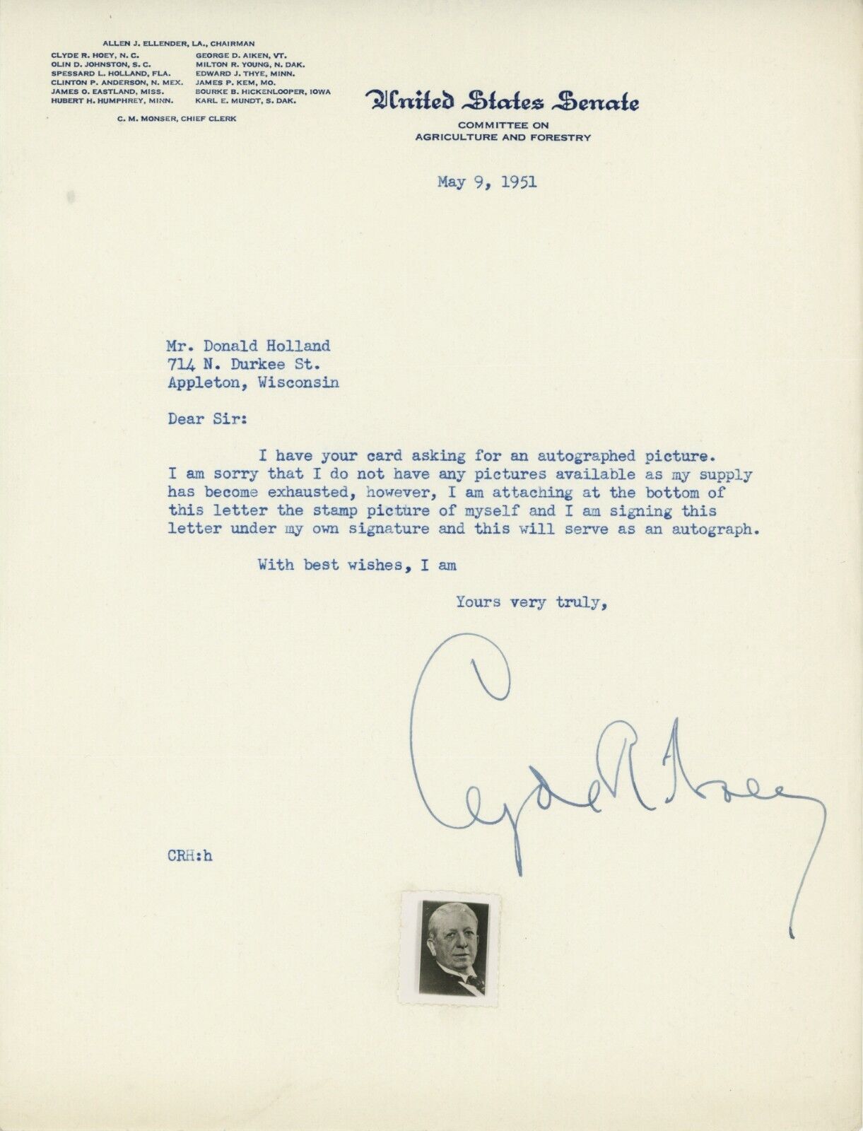 Senator Clyde R. Hoey Signed Letter