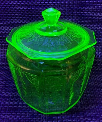 Vintage Green Depression Vaseline Glass Cracker Jar