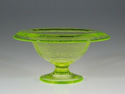 Vintage Cambridge Vaseline Glass Footed Mayo Dish Floral Cut C.1930
