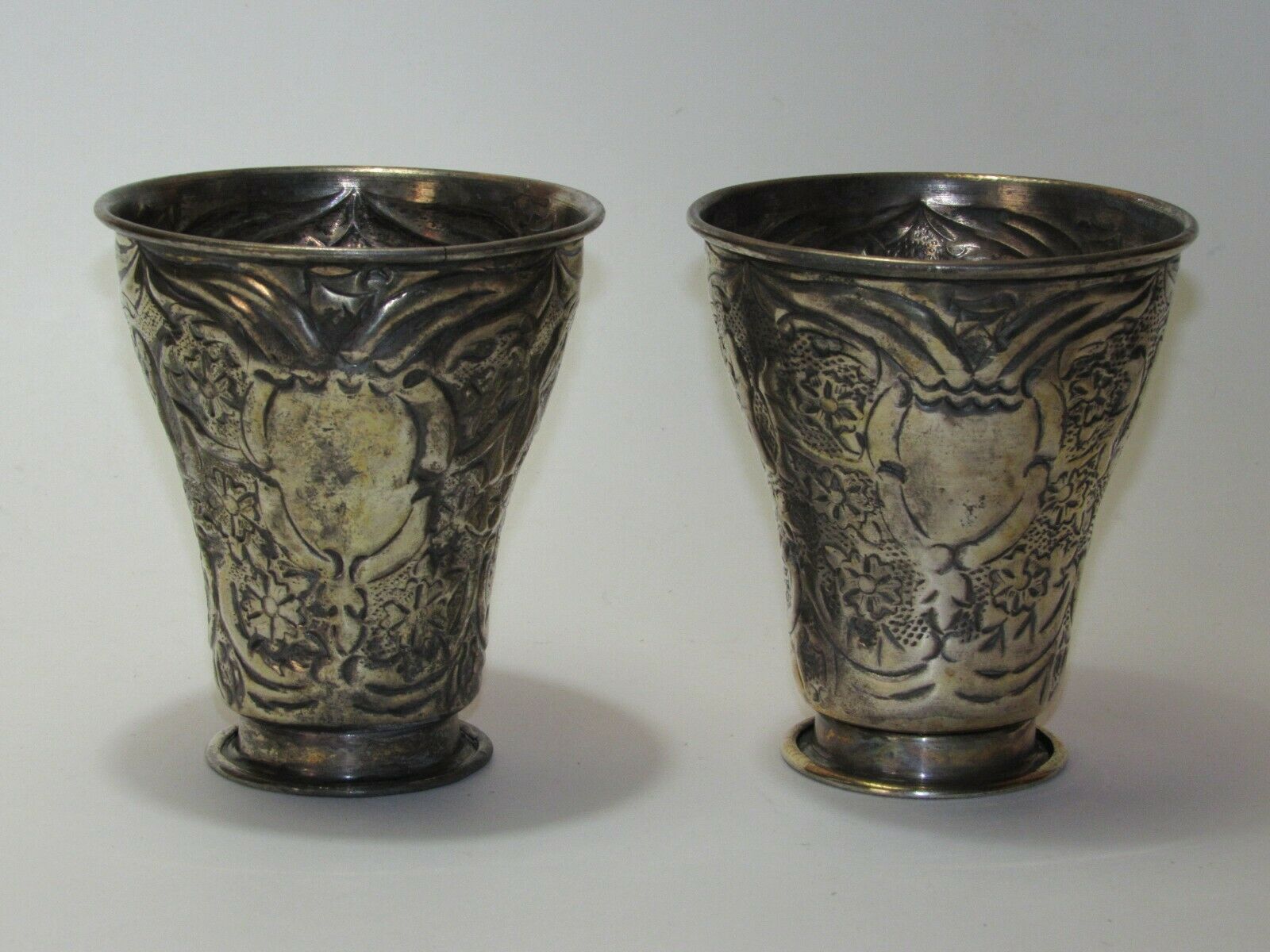 Matching Antique Repousse Floral Design Silver Plate Flower Spill Vase Pair
