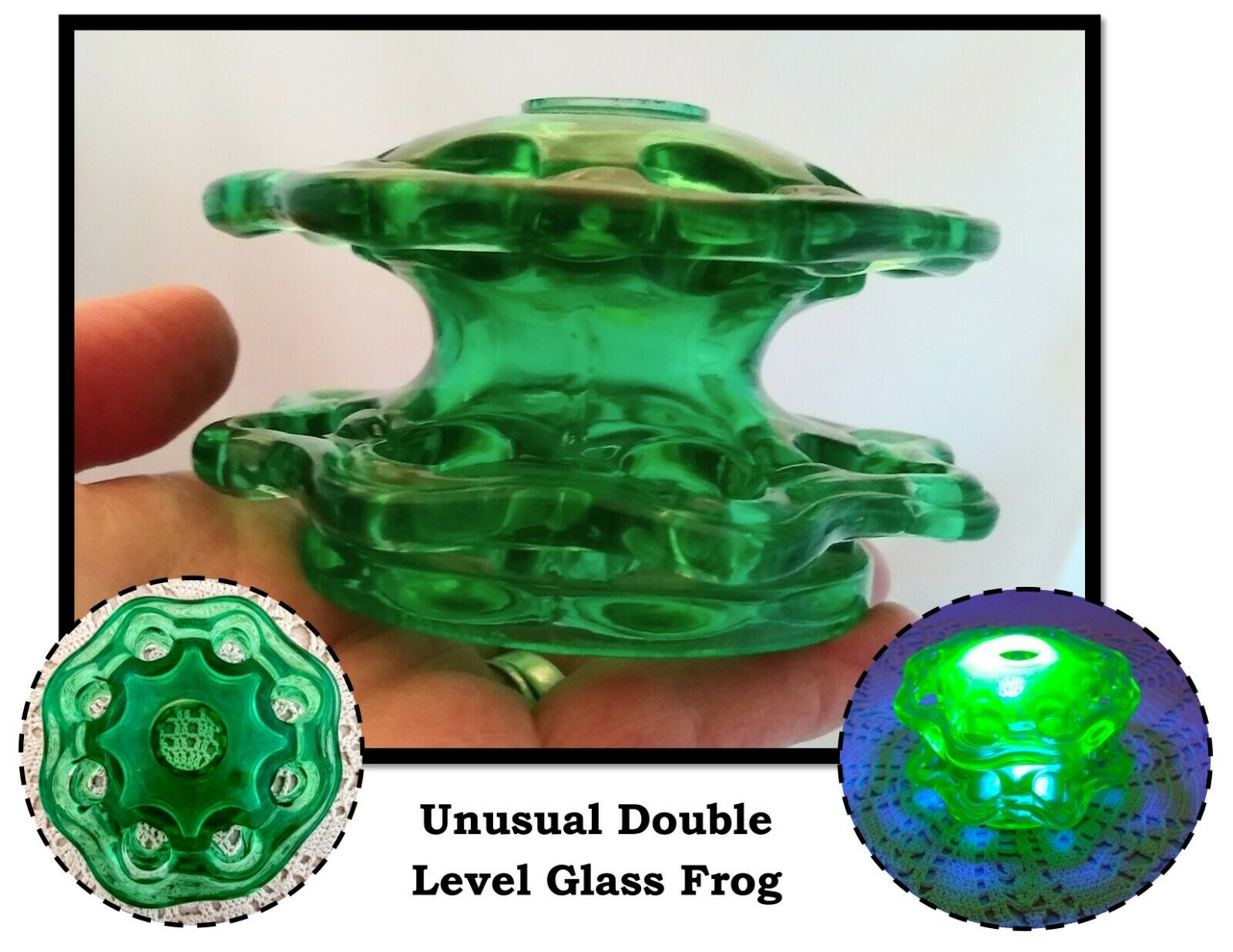 Unusual Vintage Double Level Green Uranium Glass Floral Flower Frog