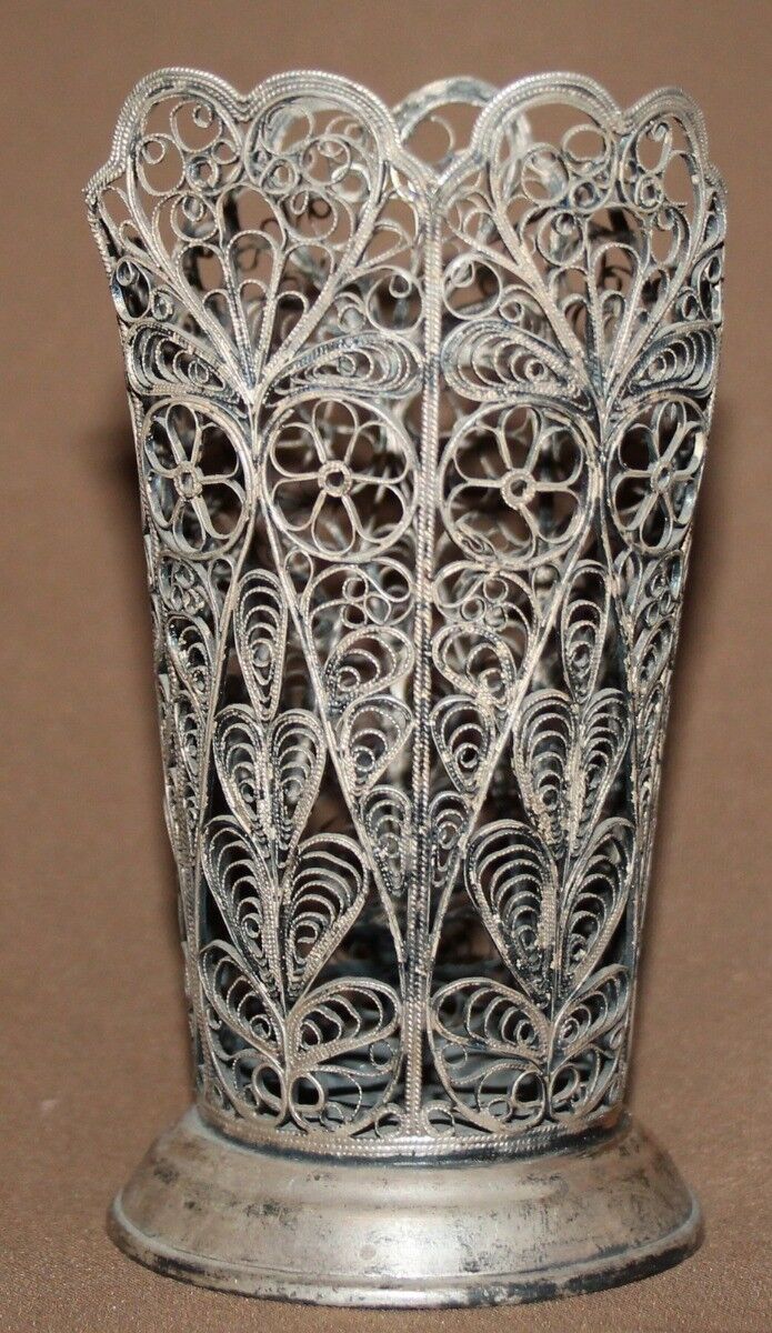 Antique Russian Ornate Silver Plated Filigree Vase Holder
