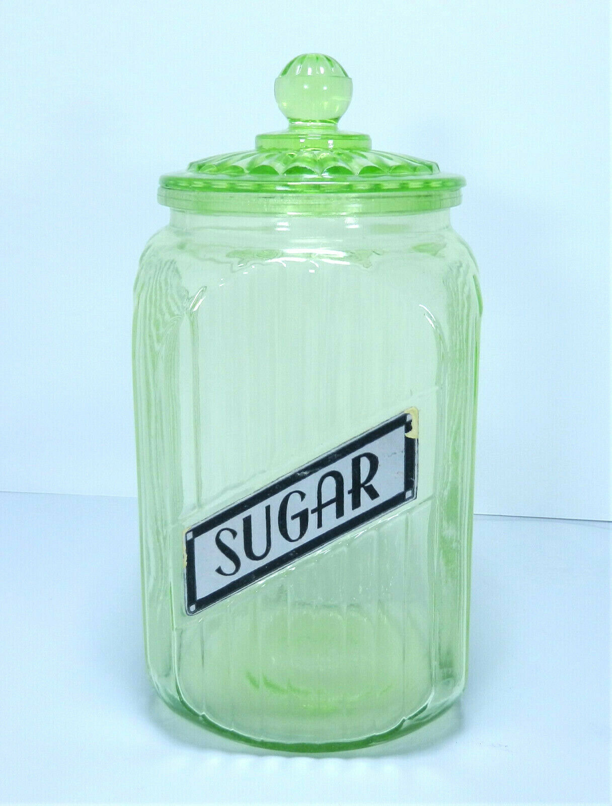 Vaseline Uranium Glowing Glass Sugar Jar Canister With Lid Storage Vintage