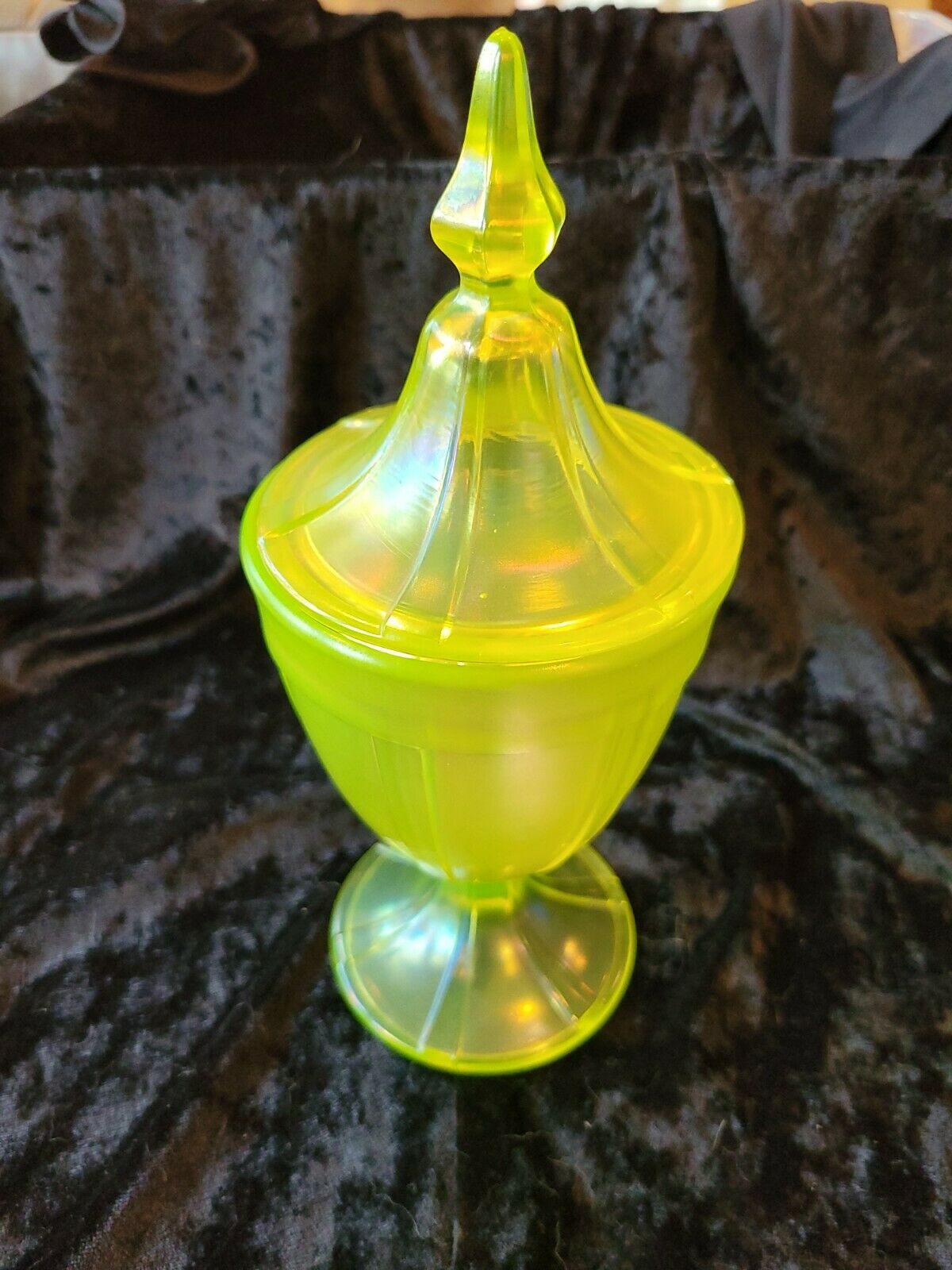 Vintage Uranium Vaseline Glass Jar With Lid