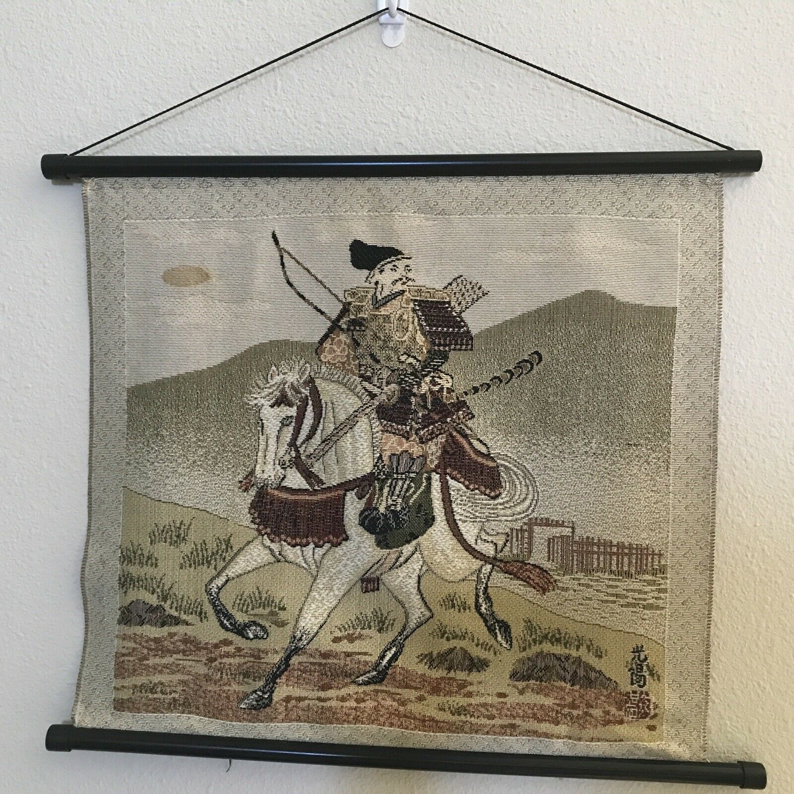 Japanese Samurai Tapestry Wall Hanging Warrior Horse Scene Vintage
