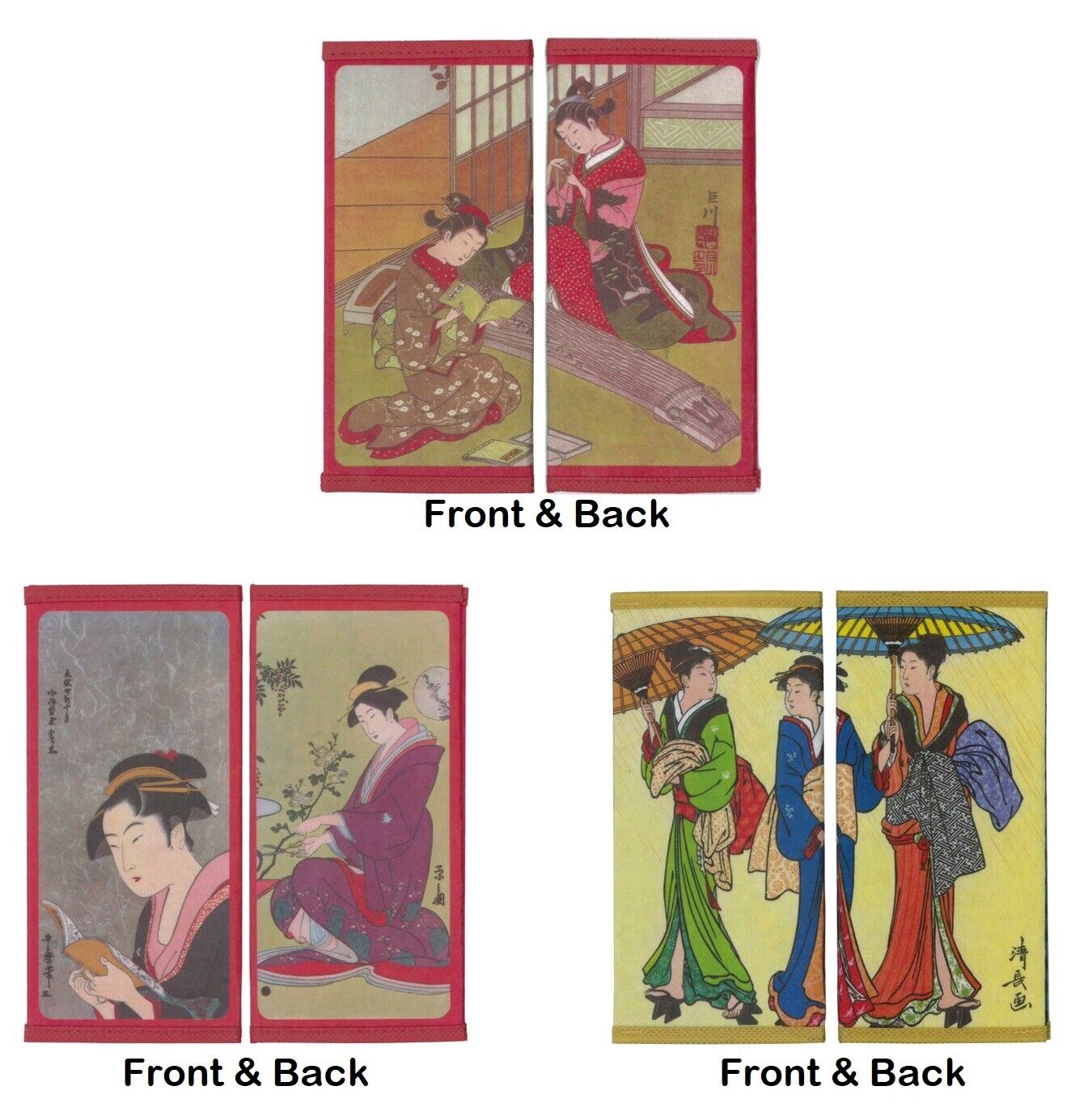 Set Of 3 Japanese Rice Paper Wallet Geisha Guzheng Book Umbrella Made In Japan