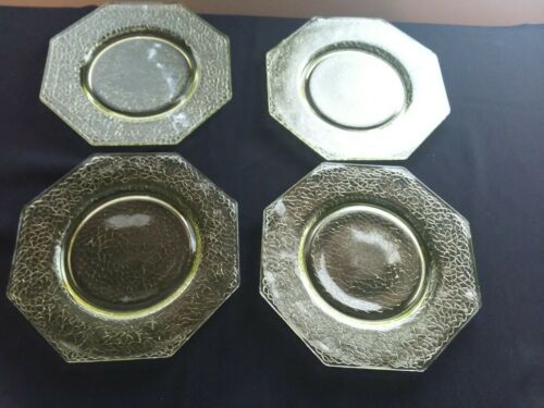 4 Depression Glass "canary Yellow" Crackle Vaseline 8" Plates Octagon Set Of 4