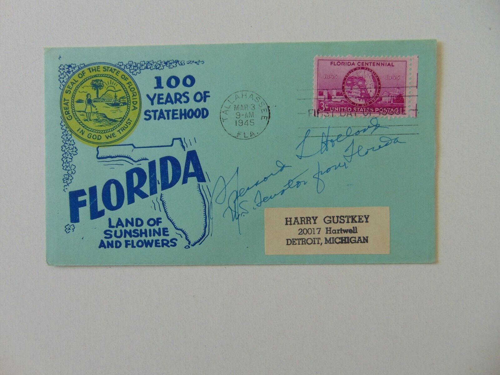 "florida Senator" Spessard Holland Hand Signed Fdc Dated 1945 Todd Mueller Coa
