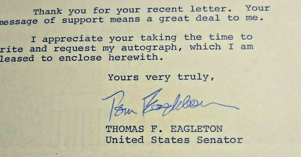 Thomas Eagleton Autograph ~ Signed 1973 Typed Senate Letter