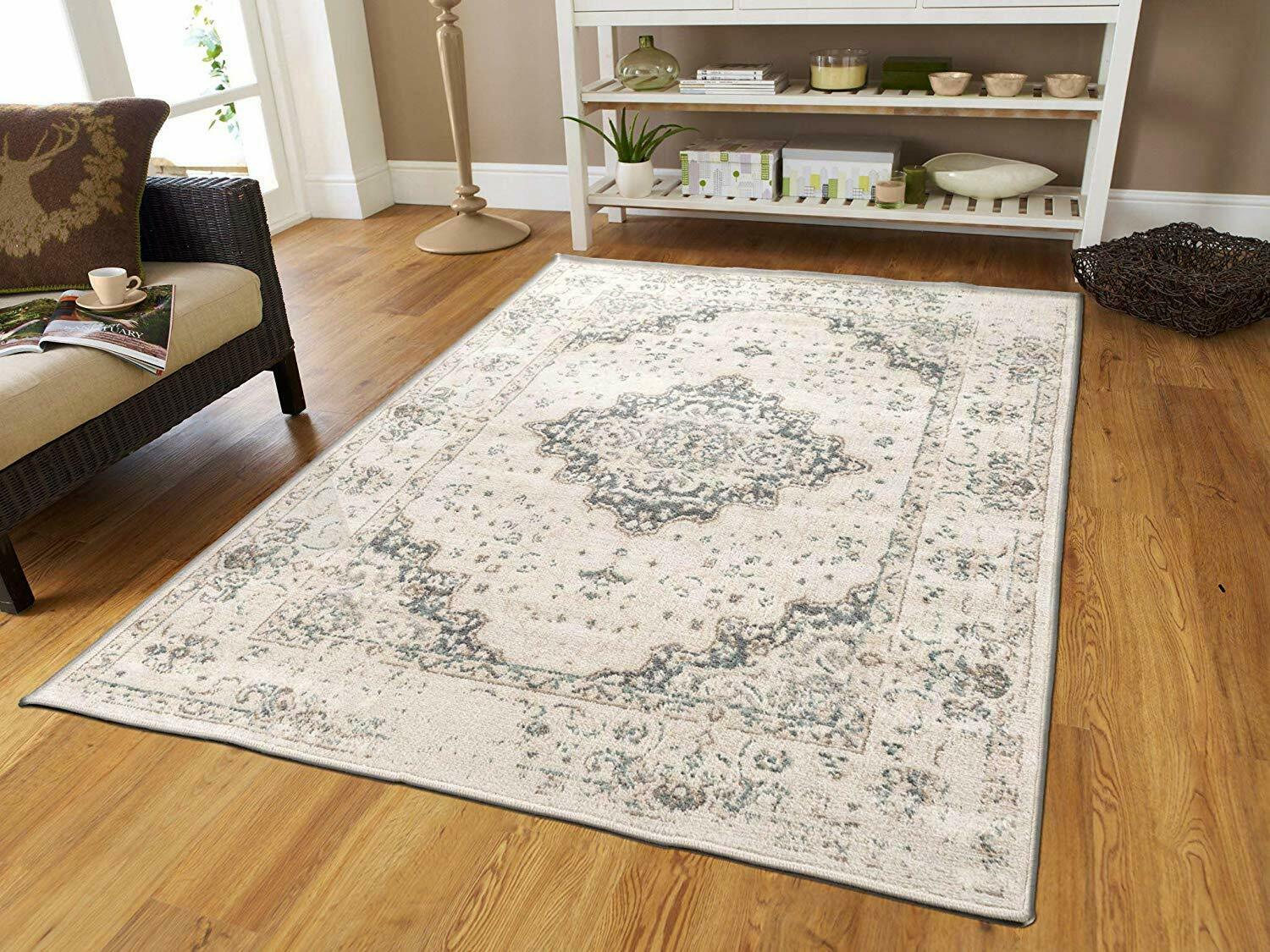 Traditional Distressed Area Rug 8x10 Large Rugs For Living Room 5x8 Gray Ivory